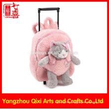 Cat soft toy on front pink color plush trolley bag kids school wheeled plush toy bag trolley